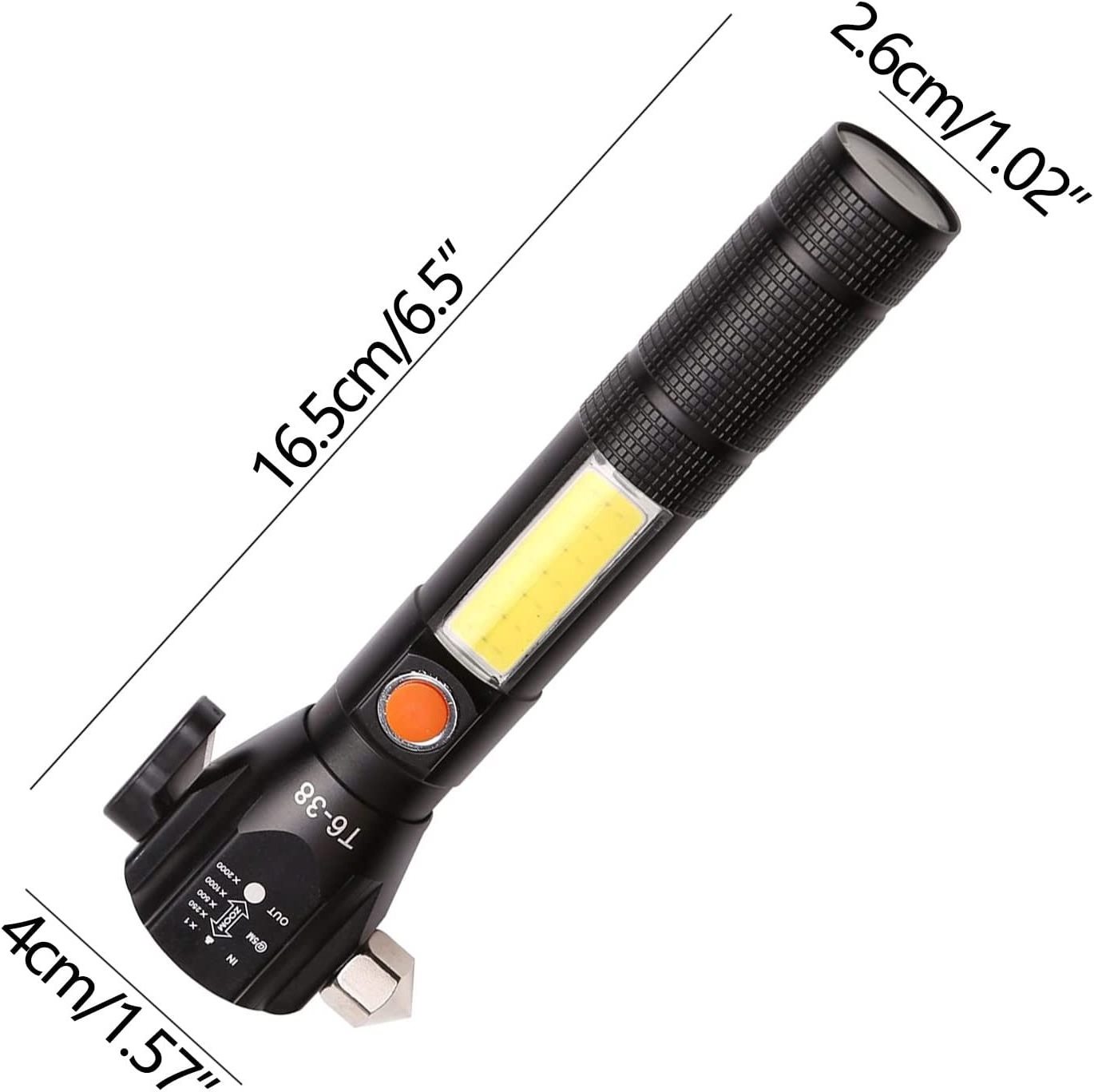 Multi-function High Bright Car Emergency Escape Safety Hammer XPE+ COB LED Flashlight With Side Red Warning Lighting