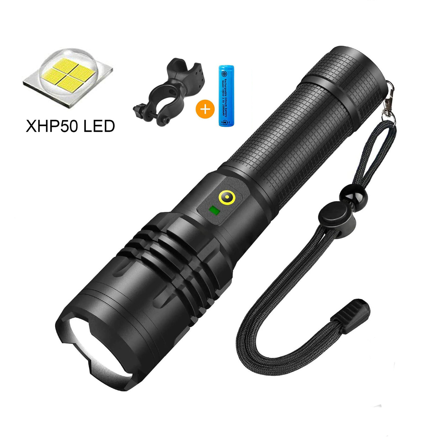 High Lumen IP65 Water Resistant 5 Modes Zoomable Torch Rechargeable Tactical XHP50 LED Flashlight wiht Gift box Bike Mount