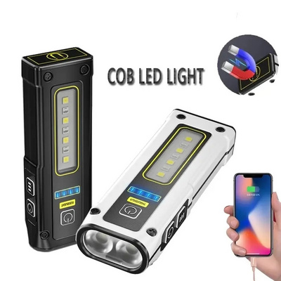 Portable 6 Mode Small Keychain Type-C Multifunction Powerful Mini Magnet COB SMD Rechargeable Torch Flashlight with Side Light