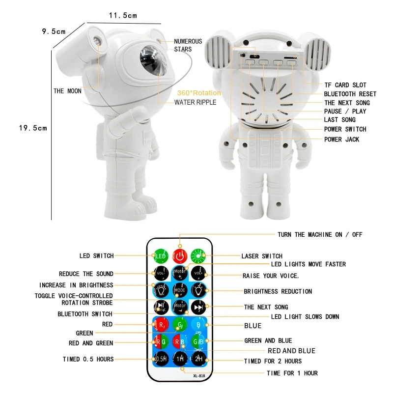 Upgraded Kids Star Starry Nebula Moon Ceiling Astronaut Projector Astronaut Night Light with Bluetooth Speaker