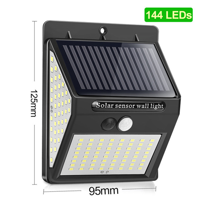 Super Bright Outdoor IP65 Waterproof 300 Degree Wide Angle Lighting PIR Motion Sensor 144 LED Solar Powered Security Wall Light