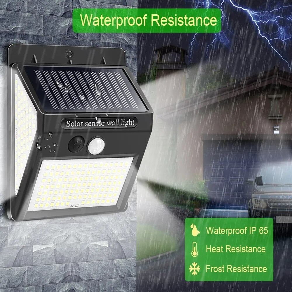 Super Bright Outdoor IP65 Waterproof 300 Degree Wide Angle Lighting PIR Motion Sensor 144 LED Solar Powered Security Wall Light