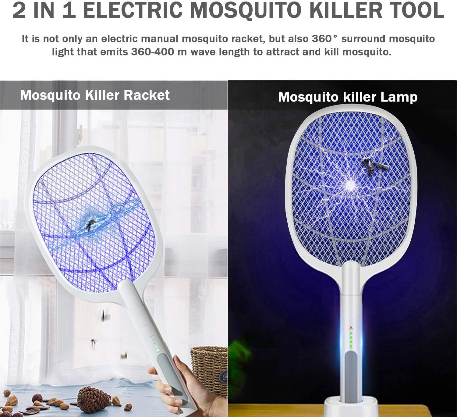 Built in 1200mAh Battery USB Rechargeable Bug Zapper Racket Large Electric Fly Swatter Mosquito Killer for Indoor and Outdoor