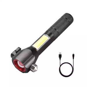 Multi-function High Bright Car Emergency Escape Safety Hammer XPE+ COB LED Flashlight With Side Red Warning Lighting