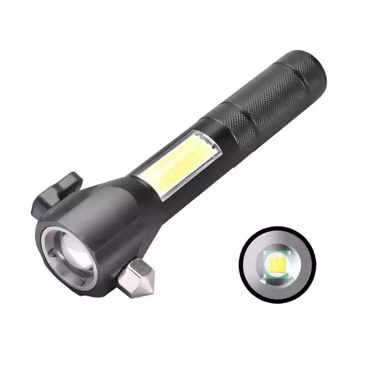 Multi-function High Bright Car Emergency Escape Safety Hammer XPE+ COB LED Flashlight With Side Red Warning Lighting