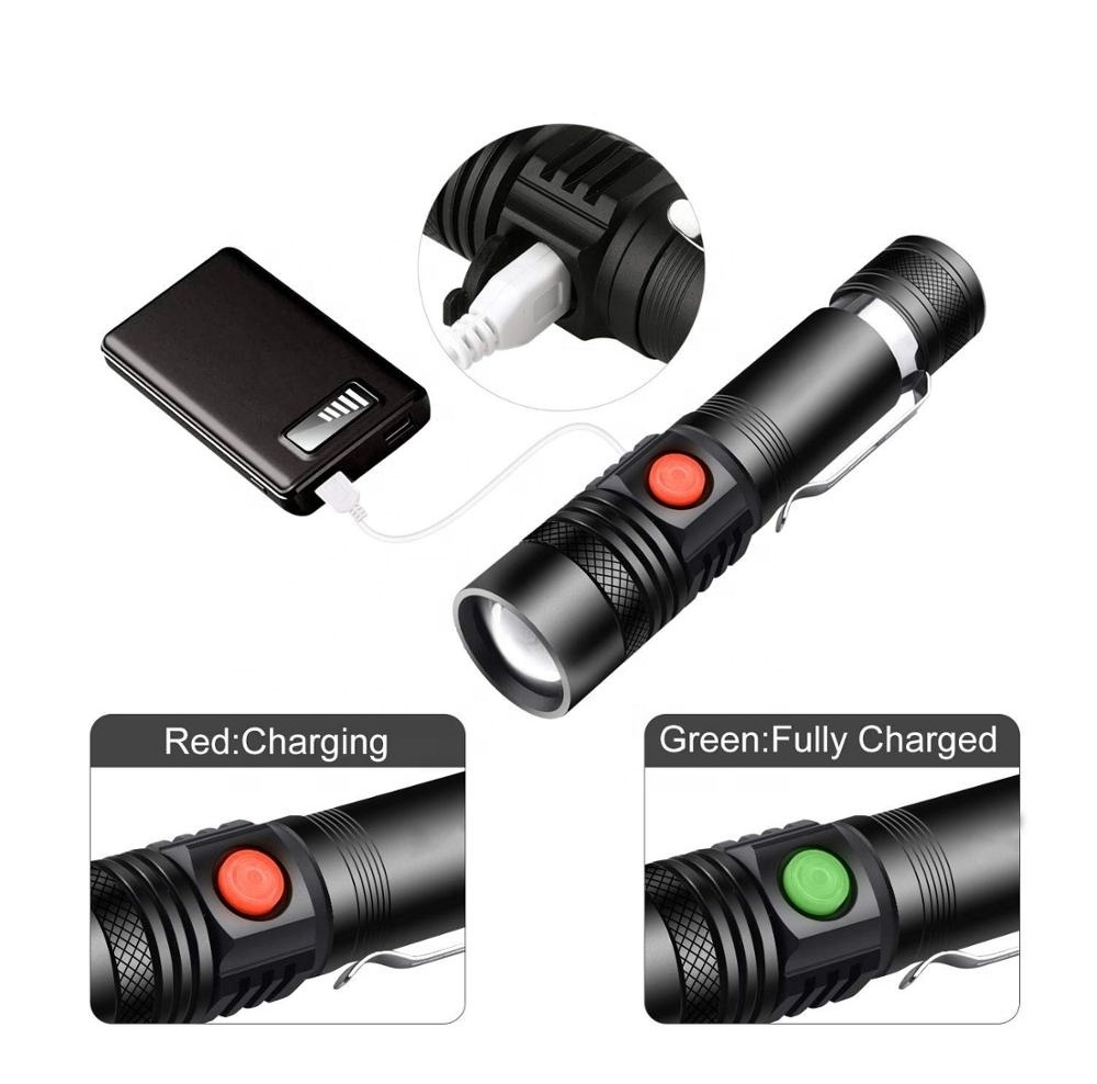 Super Bright High Powered 400 Lm USB Flash Light Zoom Tactical Pocket Clip Mini 10W XPL / T6 LED Torch Flashlight with USB Cable