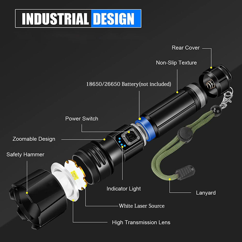 Portable Input Output 5Modes Lighting Zoomable Rechargeable Handheld Long Range 650M White Laser LED Tactical Torch Flashlight