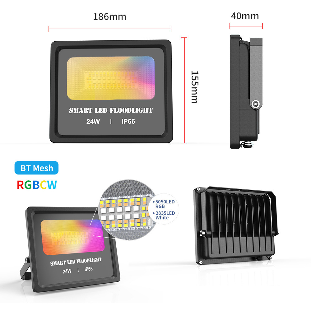 Outdoor IP66 Waterproof Alexa Dimmable Color Changing 2700K-6500K 2000Lms RGBCW 24W WiFi Smart LED Flood Lights for Garden