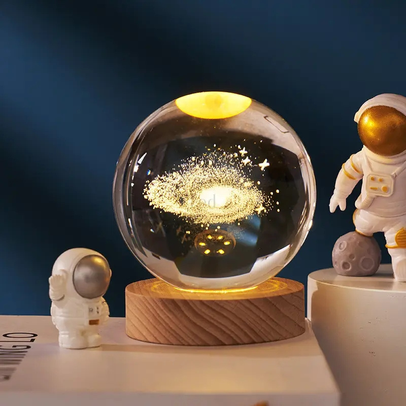 8cm Wood Base 3D Galactic Solar System Ambient Unique Crystal Ball Light Led Night Light For Gift