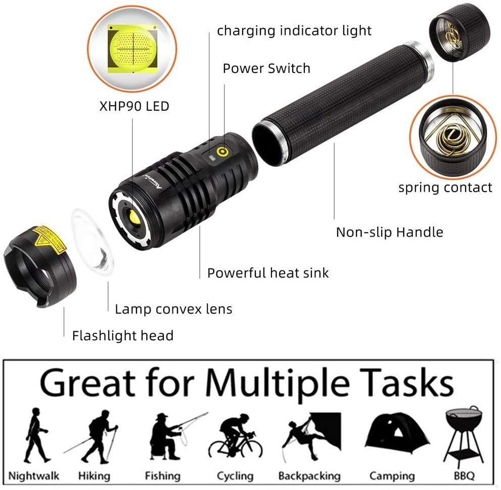 Custom High Lumens Most Powerful USB Rechargeable Zoomable 5 Modes Tactical XHP90 LED Flashlight  for Camping Emergency Hiking