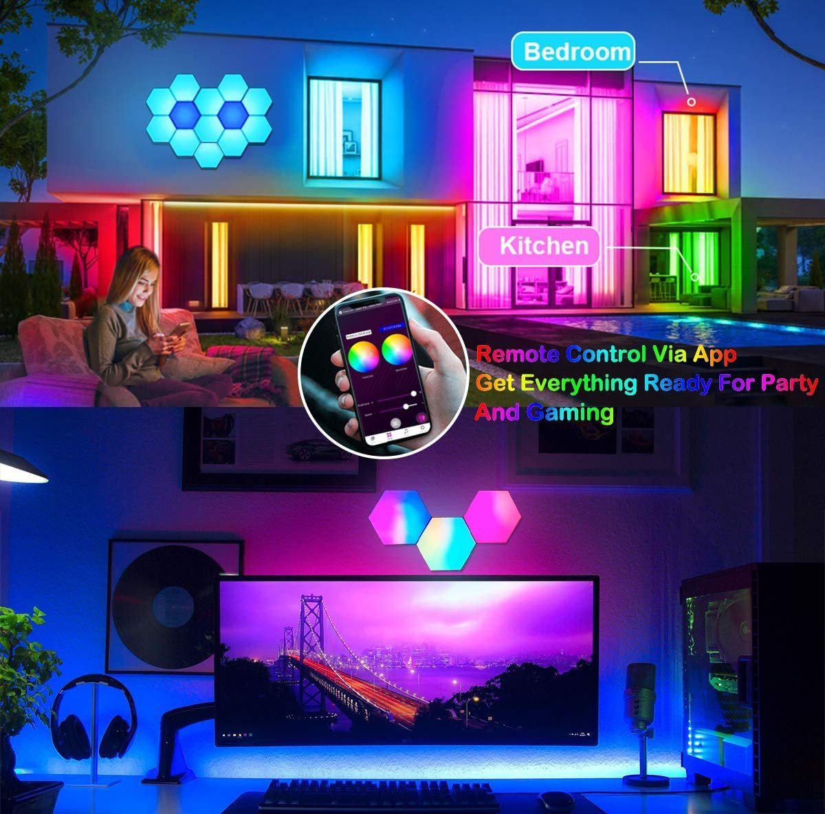 APP Control 16 Million Colors Changing Modular DIY Geometry Splicing Night Light Smart LED Wall Lamp Hexagon Lights for Gaming