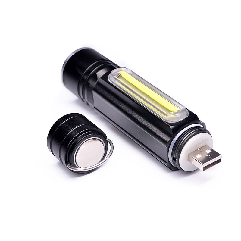 Portable USB Rechargeable Flash Light Zoom Hook Magnetic COB Tactical LED Torch Small LED Flashlight with Stand