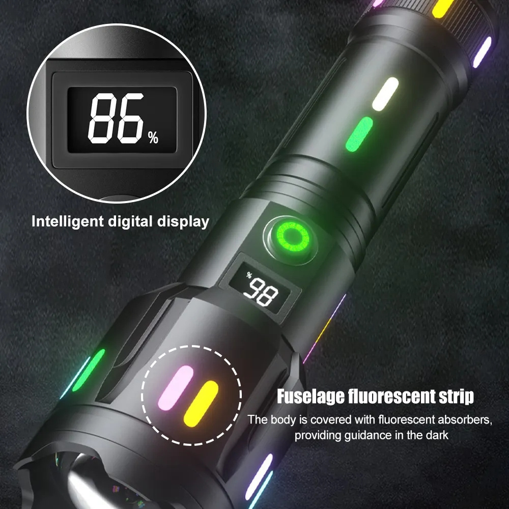 High Lumen Digital Power Display Torch Tactical 5 Modes Power Bank Zoomable Waterproof White Laser Long-Range Flashlight