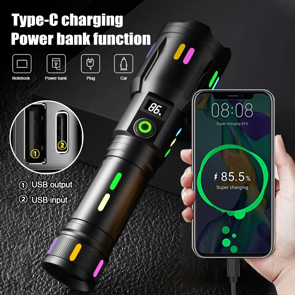 High Lumen Digital Power Display Torch Tactical 5 Modes Power Bank Zoomable Waterproof White Laser Long-Range Flashlight