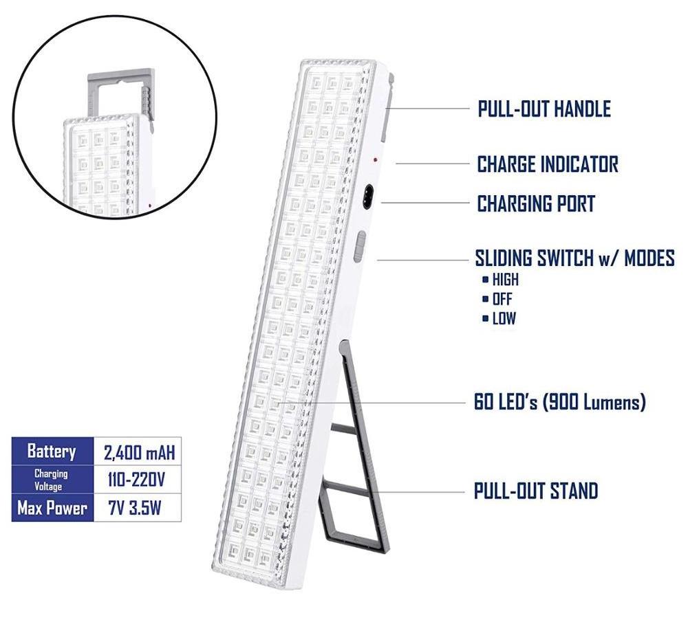 Indoor Outdoor Super Bright Plastic Hook Camping Rechargeable  Auto Sensor Handheld 60 SMD LED Emergency Light with Kickstand