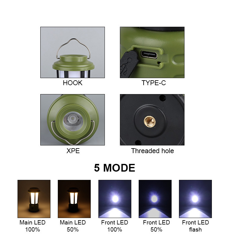 Mini Retro Atmosphere XPE LED USB Rechargeable or 3AAA Battery Outdoor Flashlight Camping Lantern Light with Hook