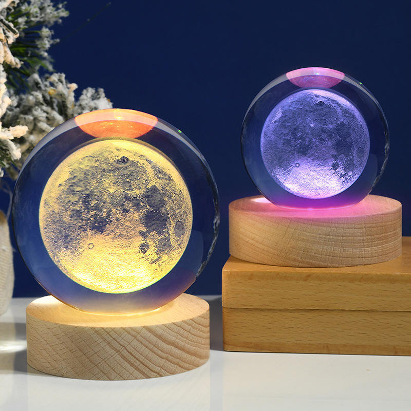 8cm Wood Base 3D Galactic Solar System Ambient Unique Crystal Ball Light Led Night Light For Gift