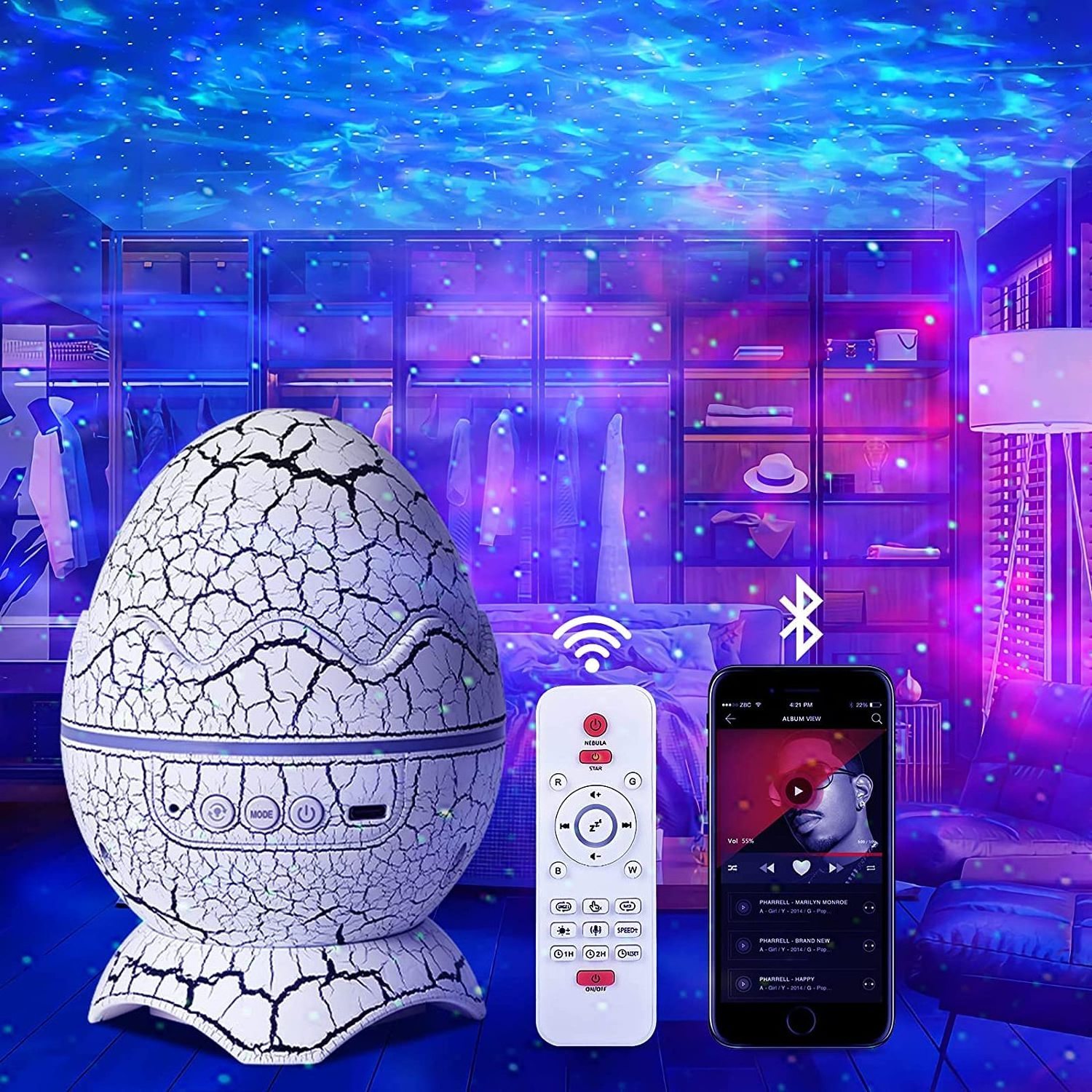 Remote Control Decoration Wireless Music Player Dinosaur Egg Galaxy Star Projector Starry Night Light with White Noise