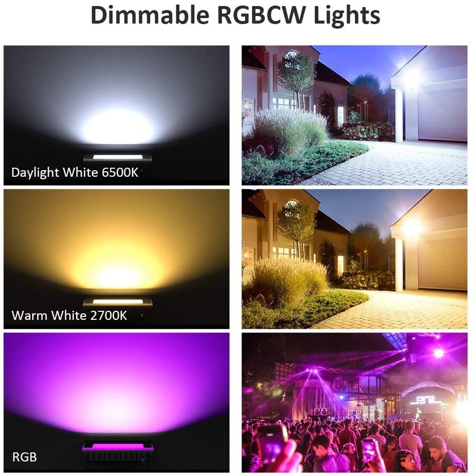 Outdoor IP66 Waterproof Alexa Dimmable Color Changing 2700K-6500K 2000Lms RGBCW 24W WiFi Smart LED Flood Lights for Garden