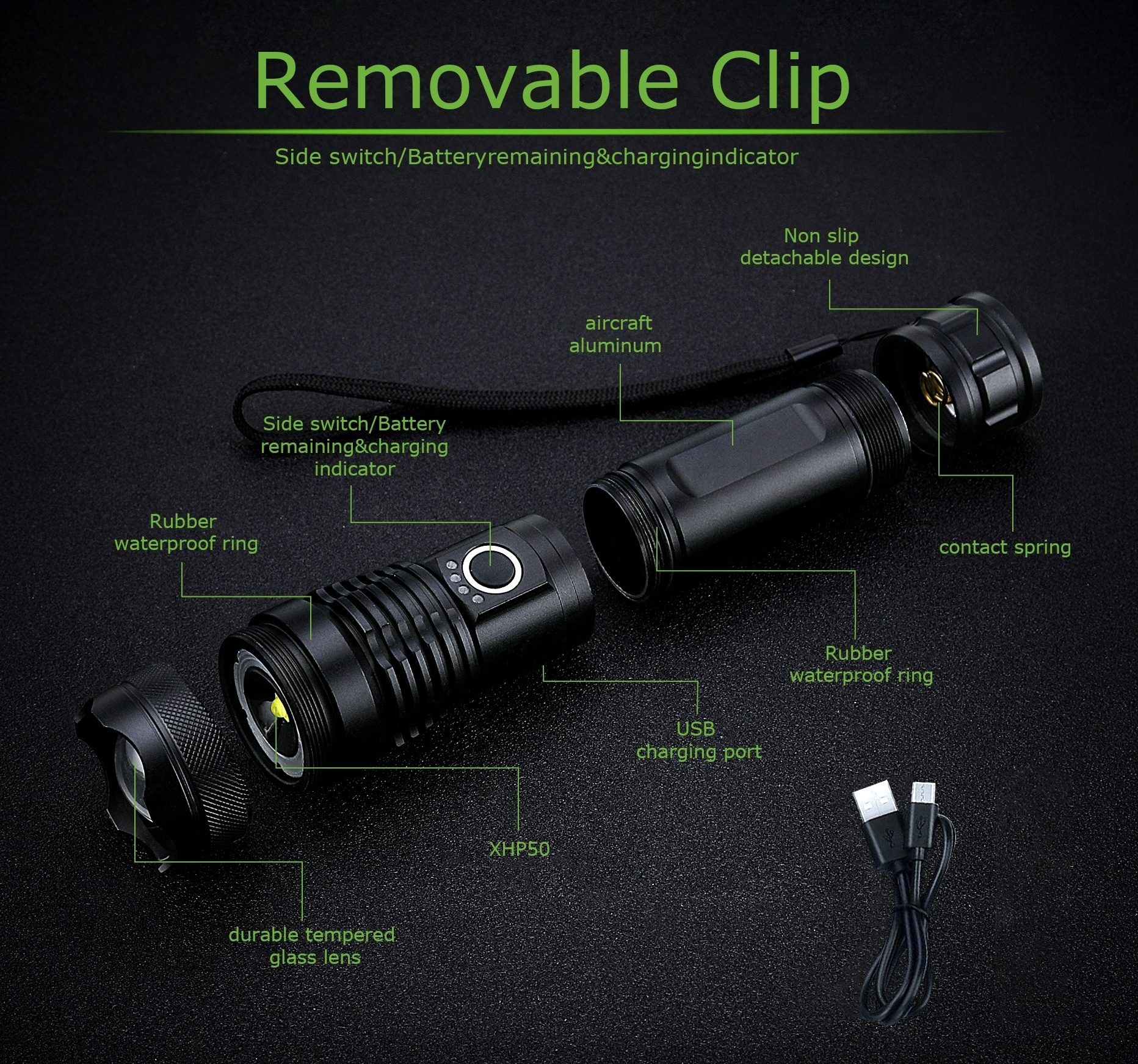 USA Warehouse Support 20W 1500lumen 5Modes Zoomable Handheld Tactical Aluminium Rechargeable XhP50 LED Torch Flashlight