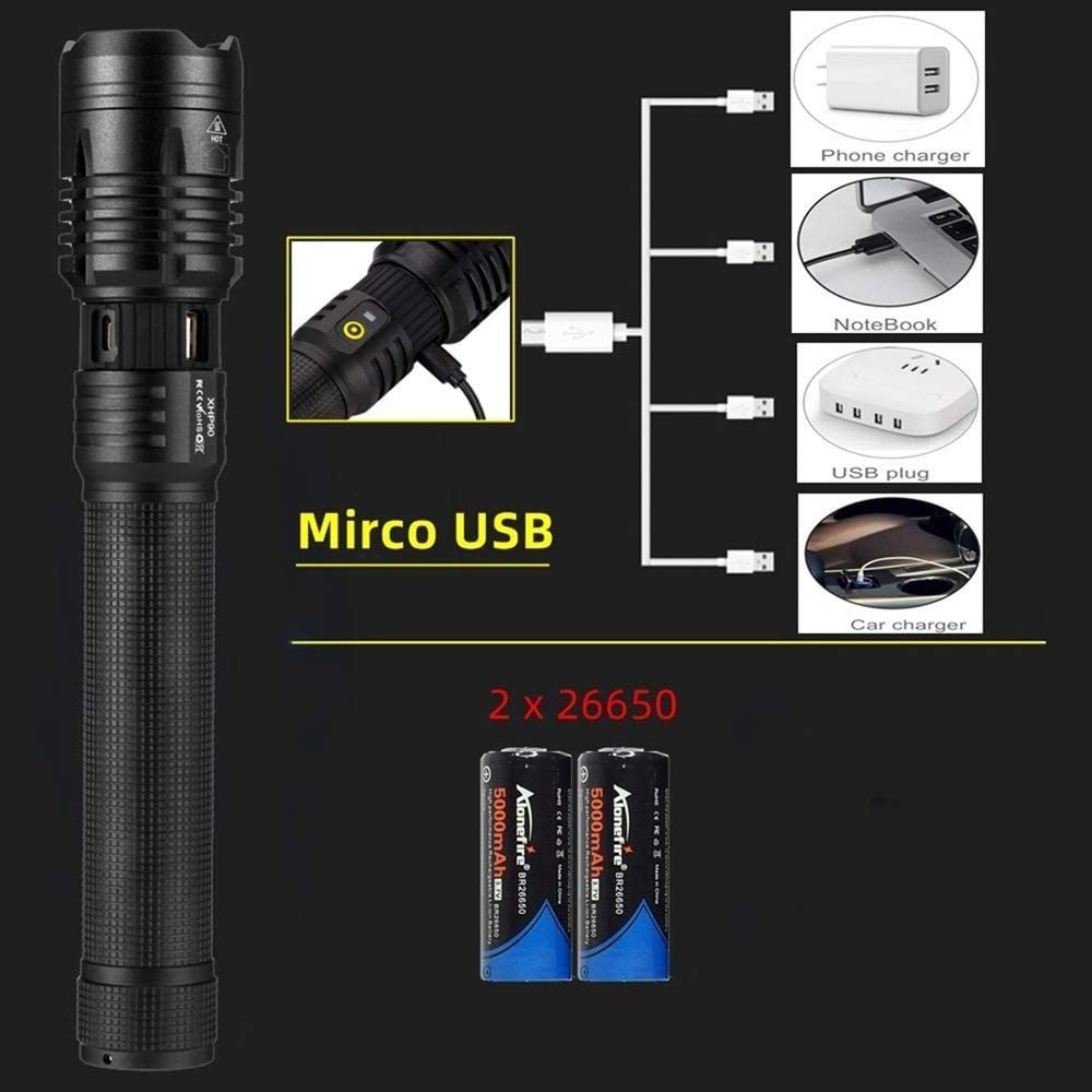 Custom High Lumens Most Powerful USB Rechargeable Zoomable 5 Modes Tactical XHP90 LED Flashlight  for Camping Emergency Hiking