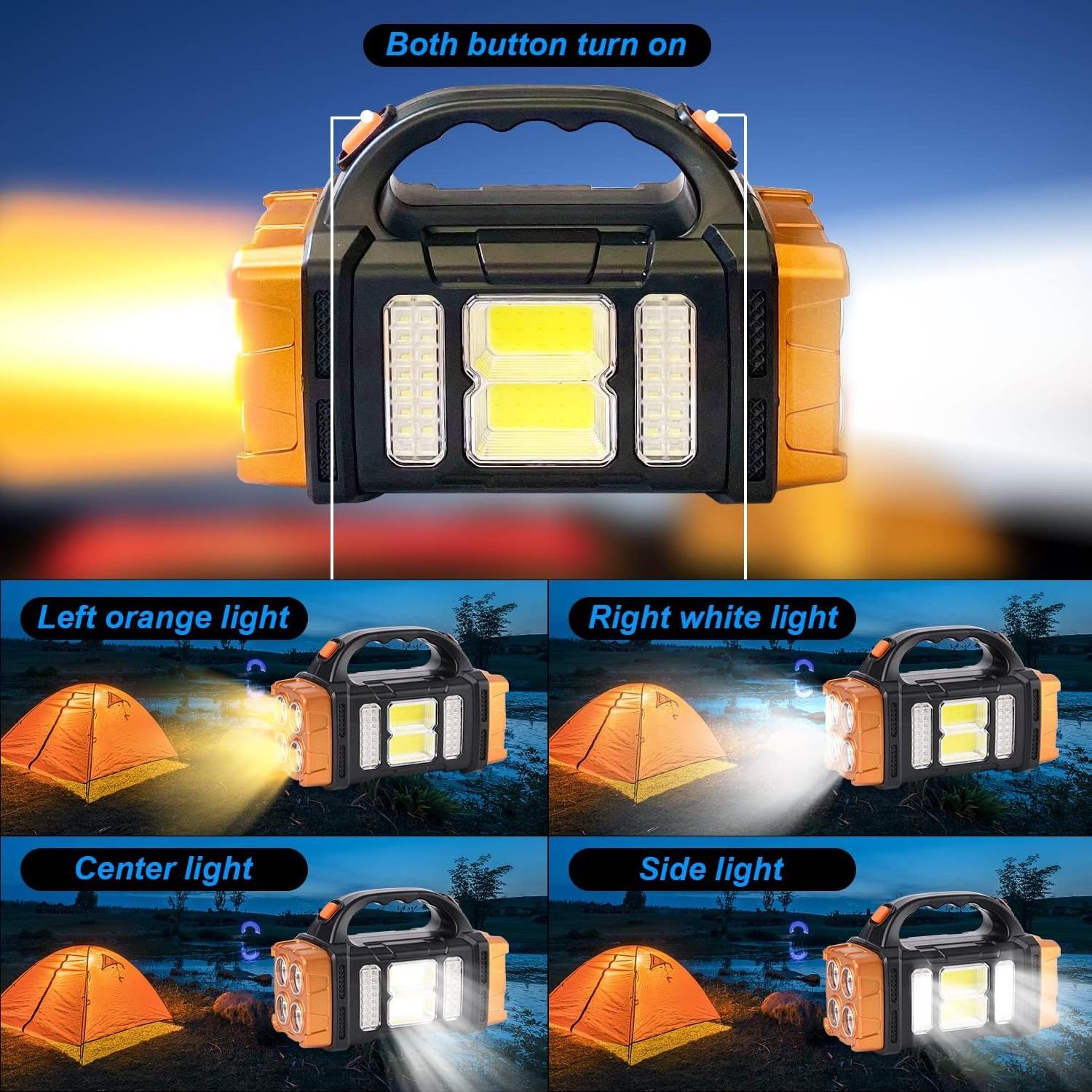 High Bright Rechargeable Portable LED Searchlight 8 Modes Spotlight Two Side Solar Handheld Flashlight with COB Sidelight