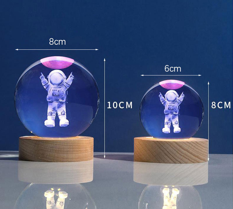 8cm Wood Base 3D Galactic Solar System Ambient Unique Crystal Ball Light Led Night Light For Gift