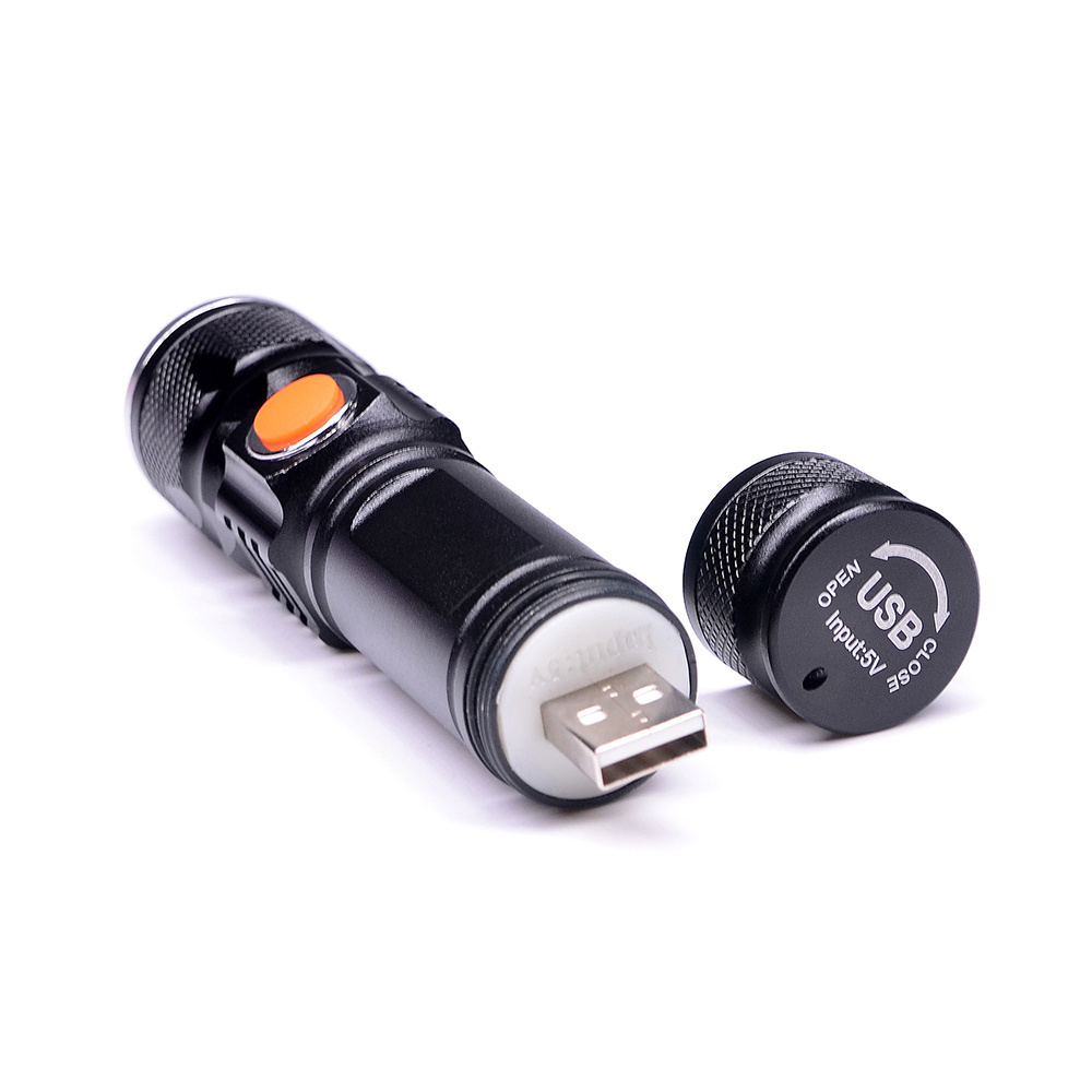 Portable USB Rechargeable Flash Light Zoom Clip Tactical Torch Small LED Flashlight with Stand