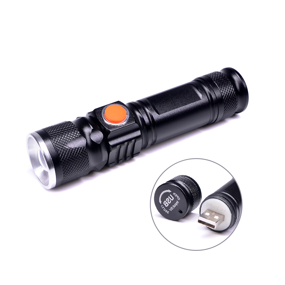 Portable USB Rechargeable Flash Light Zoom Clip Tactical Torch Small LED Flashlight with Stand