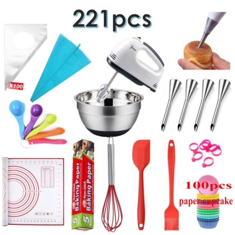 221 Pcs Cake Decoration Tips Kit Baking Set Cake Mat Fondant Tools Cake Decorating Tool Set Electric Whisk Baking Paper Tin Foil