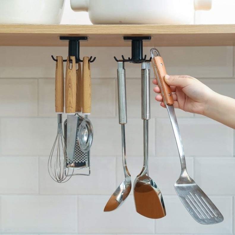 Rotated Kitchen Hooks Punch-free Under Shelf Rotate Hook Creativity Holder Hang Kitchen Cabinet Storage Rack Organizer Rack