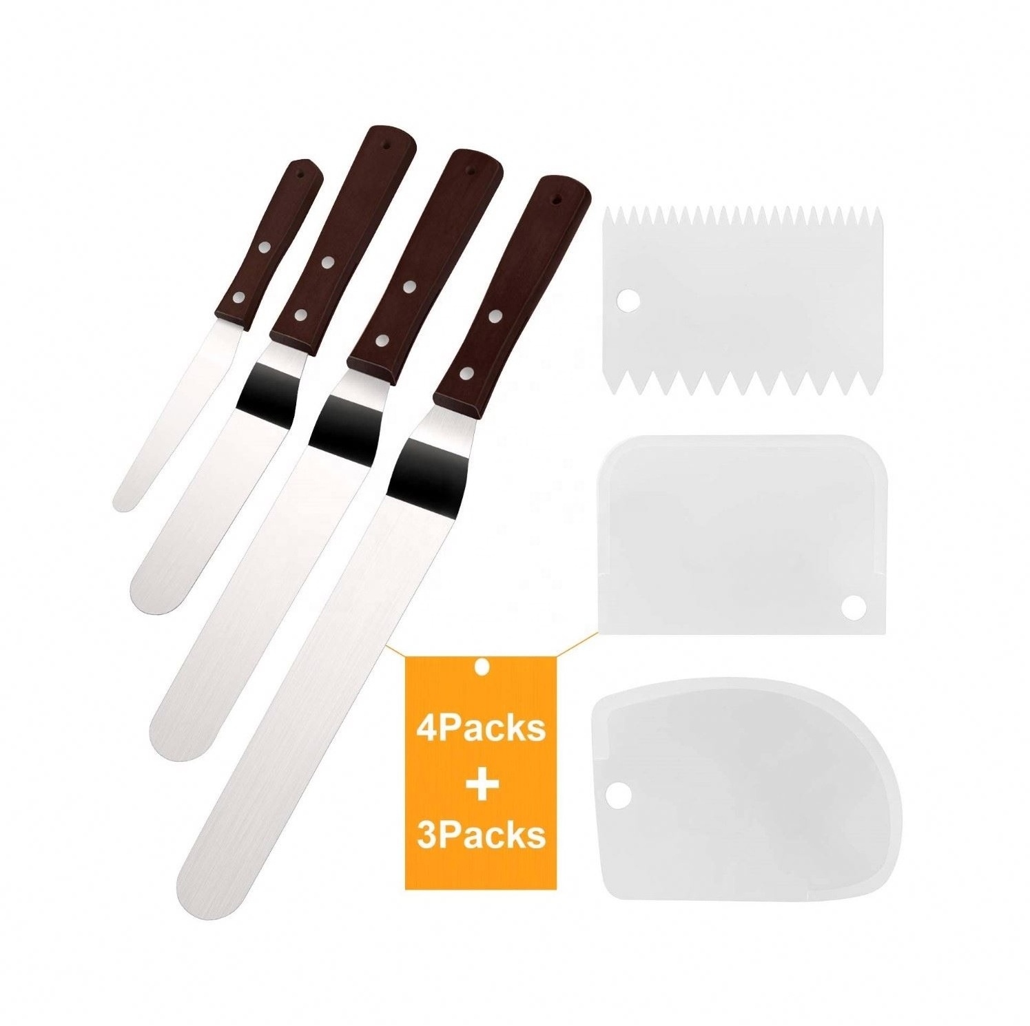 Professional Stainless Steel Offset Spatula with Wooden Handle for 4pcs Cake Icing Spatula Set and 3pcs Cake Smoother Scraper