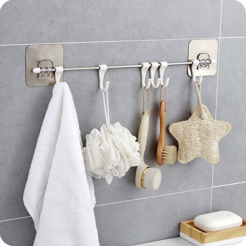 Holders With 6 Hooks Wall Mounted Home Bathroom Storage Racks Towel Clothing Hanging Hooks Stainless Steel Kitchen Tools Storage