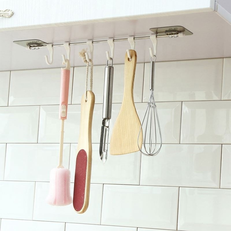 Holders With 6 Hooks Wall Mounted Home Bathroom Storage Racks Towel Clothing Hanging Hooks Stainless Steel Kitchen Tools Storage