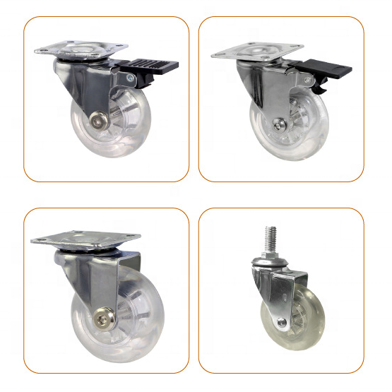 HM2101 Factory Directly Hyaline PU Medical Caster Wheel Transparent Plate Swivel Furniture Castor Wheels for Pram