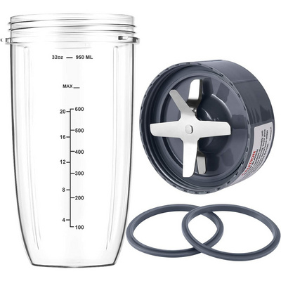 Blender Cup and Blade Replacement Parts 32oz Cup and Extractor Blade and 2 Rubber Gaskets 4-Piece Compatible with Nutri Blender