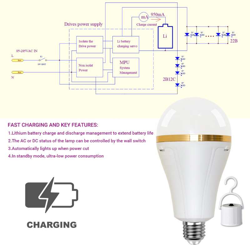 Intelligent led bulb cabinet light 15W power outdoor High transmittance removable battery emergency lamp charging light