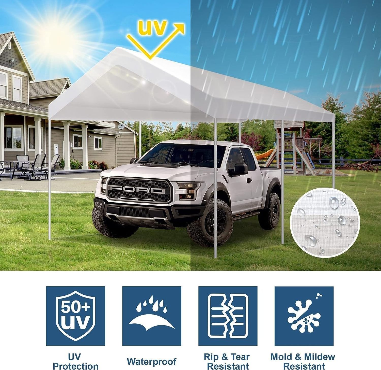 Gazebo Top Cover Carport Replacement Top Canopy Cover White For Car Garage Top Tarp Shelter Waterproof & UV Protected