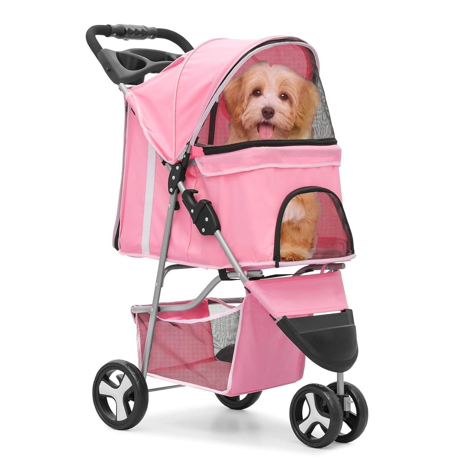 Foldable Pet Stroller With Weather Cover 3 Wheels Pet Strolling Cart For Small/Medium Dogs And Cats Breathable and Visible Mesh