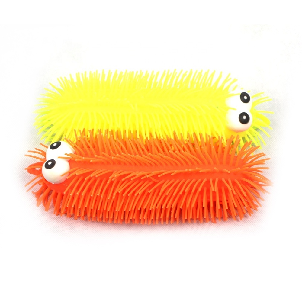 Hot selling squishy toy flashing fluffy caterpillar tpr light up puffer ball with yoyo