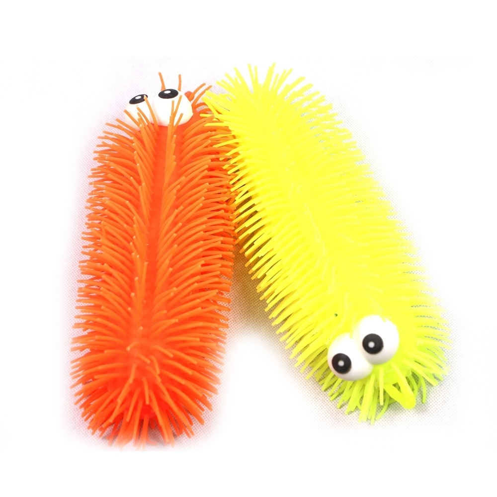 Hot selling squishy toy flashing fluffy caterpillar tpr light up puffer ball with yoyo