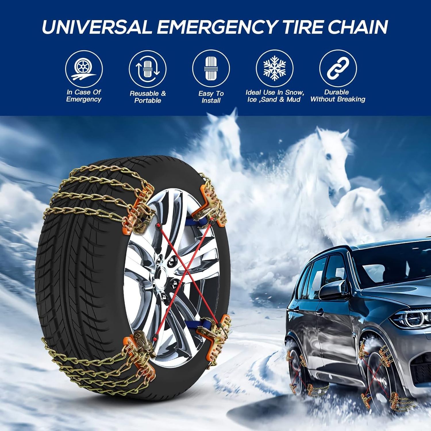 Tire Chains Snow Chains for Car SUV Pickup Trucks, for Tire Adjustable Portable Universal Emergency Thickening Anti-skid Chains