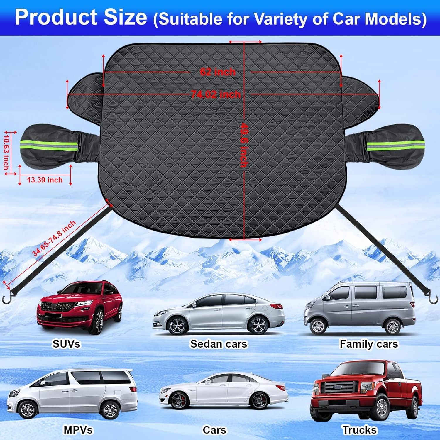 Car Windshield Snow Cover for Ice and Snow with Magnetic Edges and Windproof Webbing Straps Windscreen Frost Protector Covers