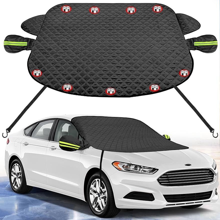 Car Windshield Snow Cover for Ice and Snow with Magnetic Edges and Windproof Webbing Straps Windscreen Frost Protector Covers