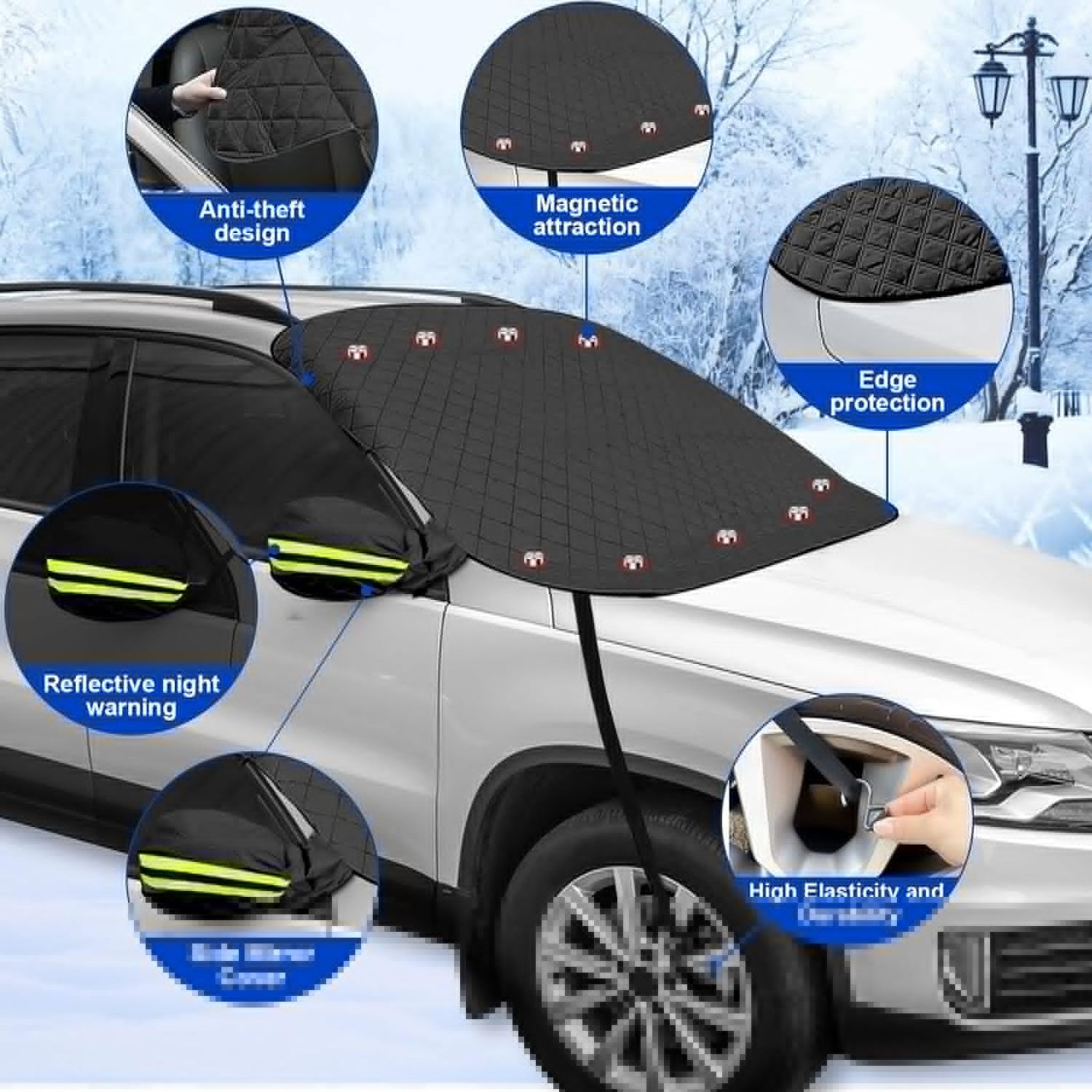 Car Windshield Snow Cover for Ice and Snow with Magnetic Edges and Windproof Webbing Straps Windscreen Frost Protector Covers