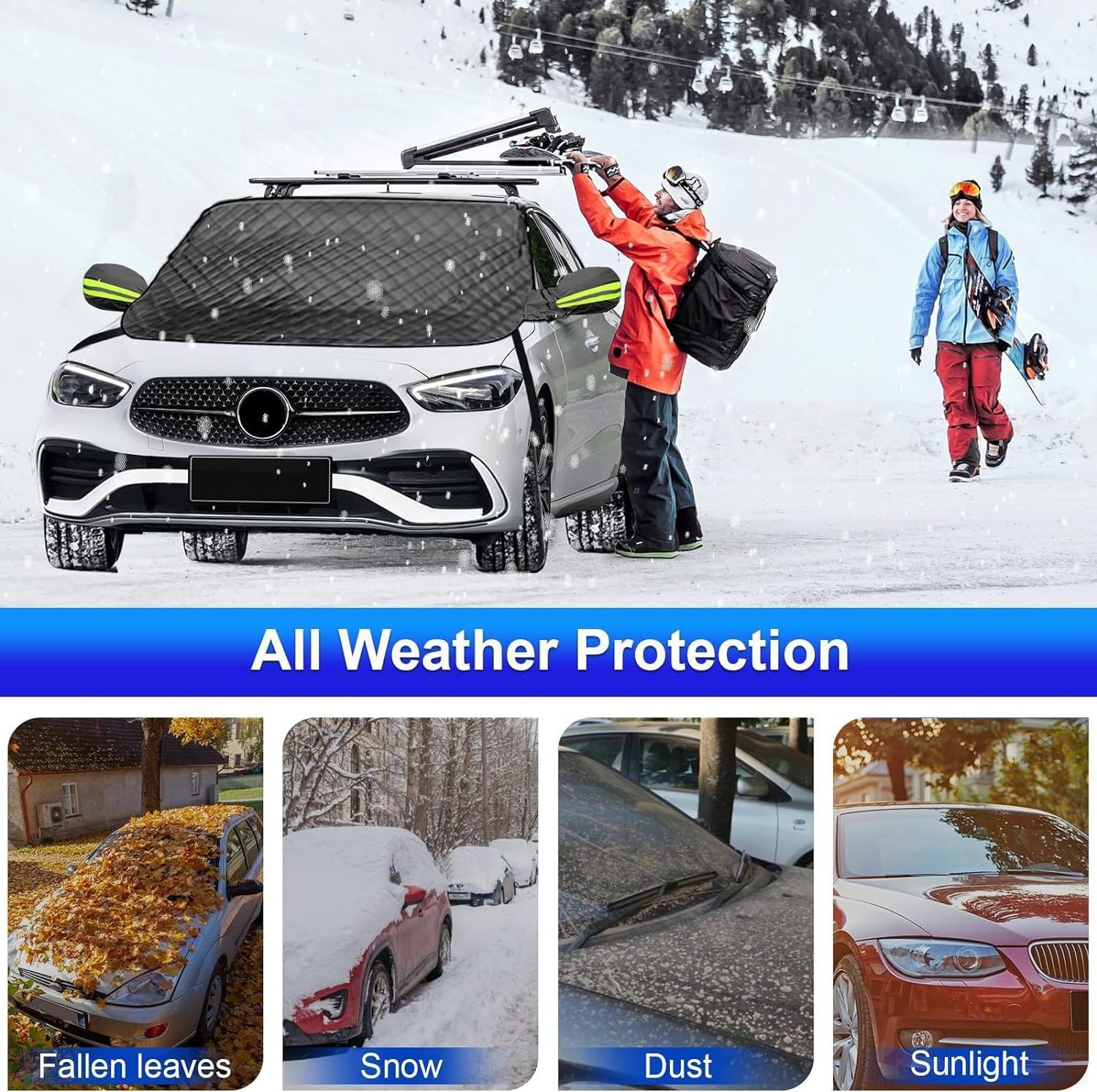 Car Windshield Snow Cover for Ice and Snow with Magnetic Edges and Windproof Webbing Straps Windscreen Frost Protector Covers