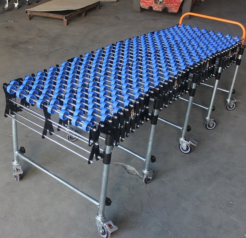 Expandable& portable gravity skate wheel conveyor belt for bag making machine