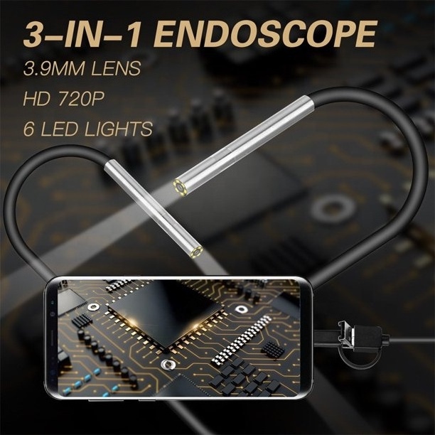 AN100 3in1 USB Type-C Endoscope Android Borescope 3.9mm Lens HD Waterproof IP67 Hard Wire Pipeline Endoscope Camera