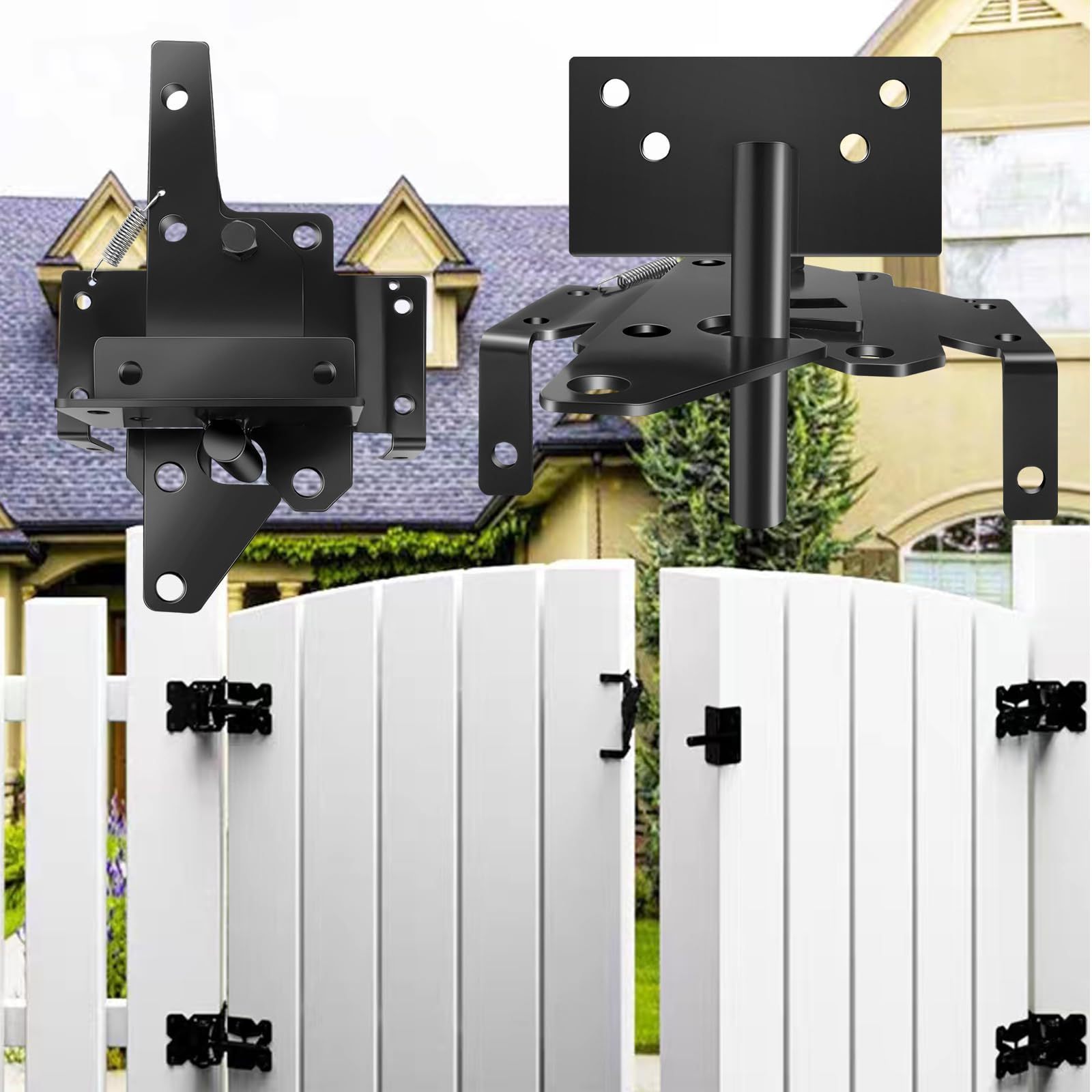 Self Locking Gate Latch and Gate Hinges Set Heavy Duty Hardware Hinges for Vinyl and Wood Fence with Installation