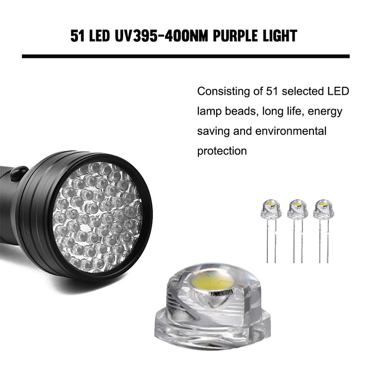 Aluminum 51LED 365NM 395NM  Purple Light Flashlight UV Detection Flashlight Scorpion Cure Utraviolet led uv light